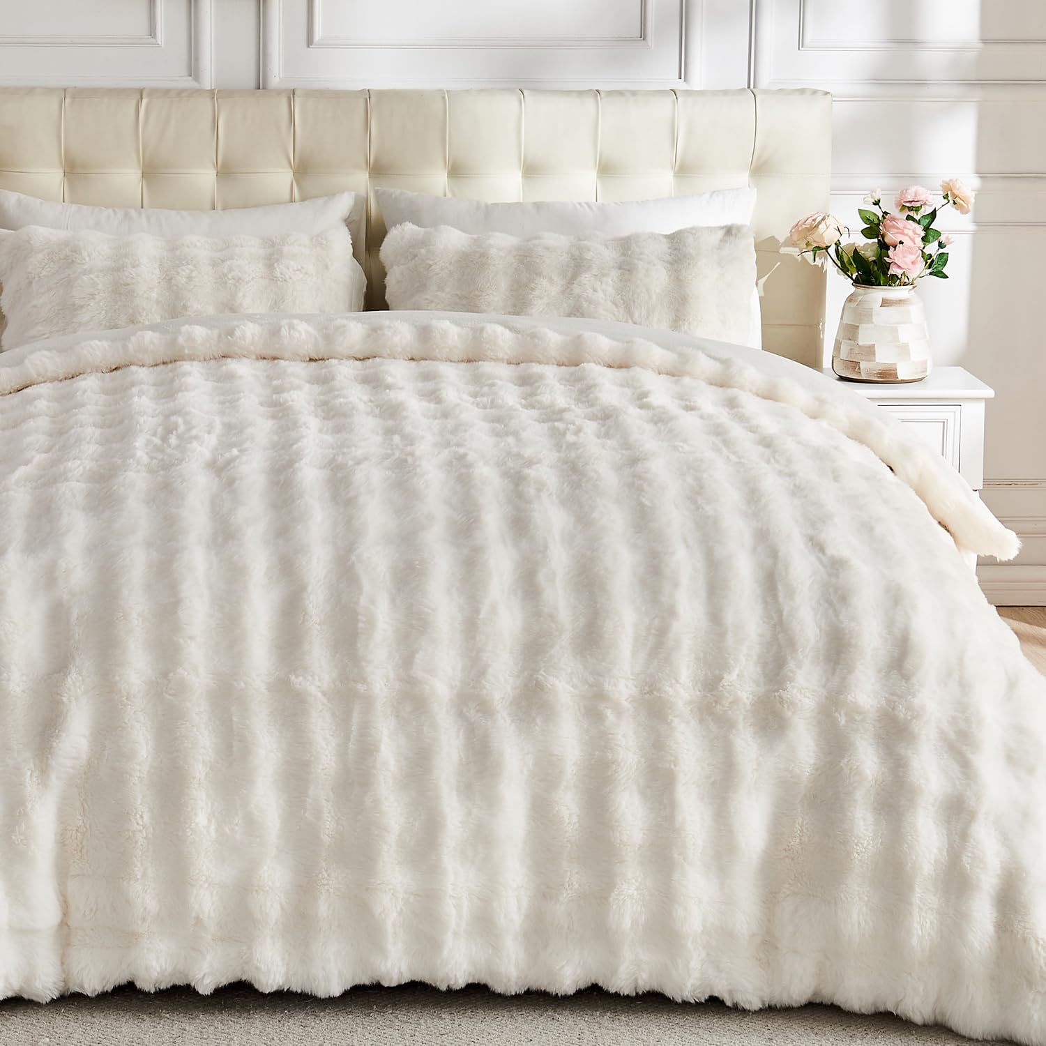 Lotus Karen Fluffy Comforter Cover Set-Rabbit Fluff Faux Fur Duvet Cover Full Size,Cream White Plush Fuzzy Furry Bedding Sets 3P